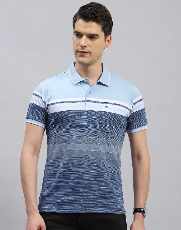 Elegant Casual Men Sky Blue Stripe Polo Collar Half Sleeve T-Shirt