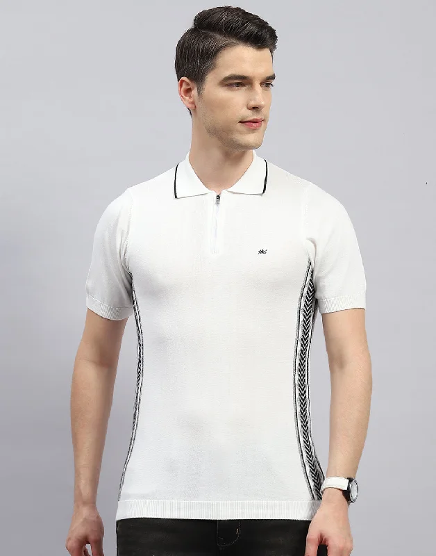 Soft Monochrome Men White Printed Polo Collar Half Sleeve T-Shirt