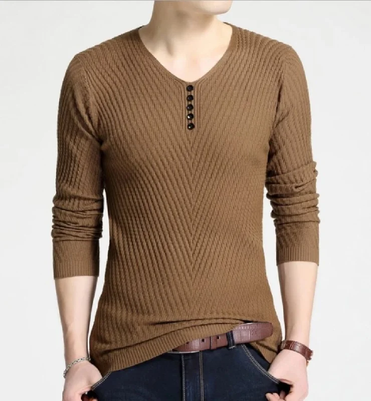 High-End Minimalism Mens Casual V Neck Sweater with Buttons Design