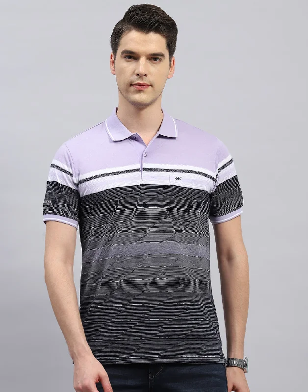 Modern Tailored Men Purple Stripe Polo Collar Half Sleeve T-Shirt