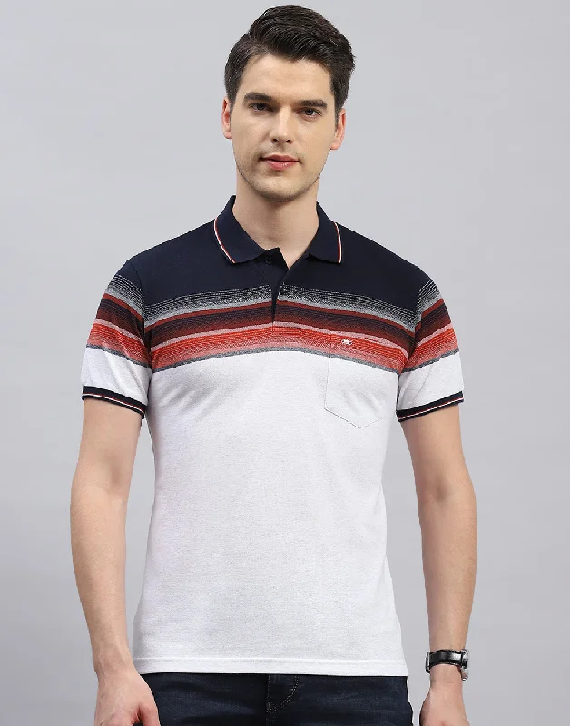 Rugged Prints Men White Stripe Polo Collar Half Sleeve T-Shirt