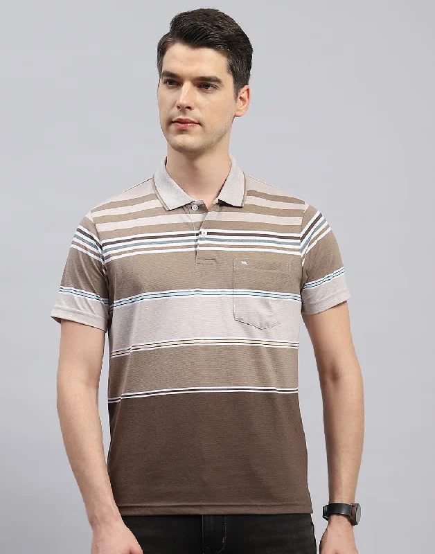 Rugged Utility Men Brown Stripe Polo Collar Half Sleeve T-Shirt