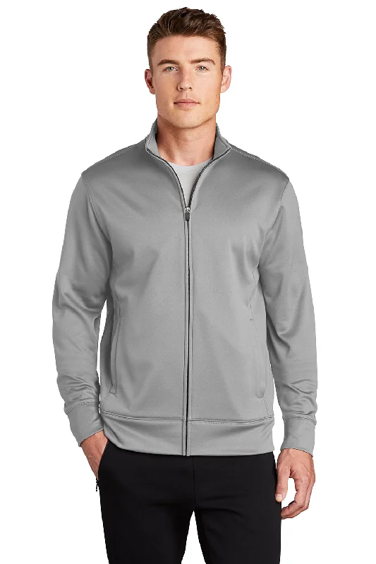 Structured Monochrome Sport-Tek Mens Sport-Wick Moisture Wicking Fleece Full Zip Sweatshirt w/ Pockets - Silver Grey