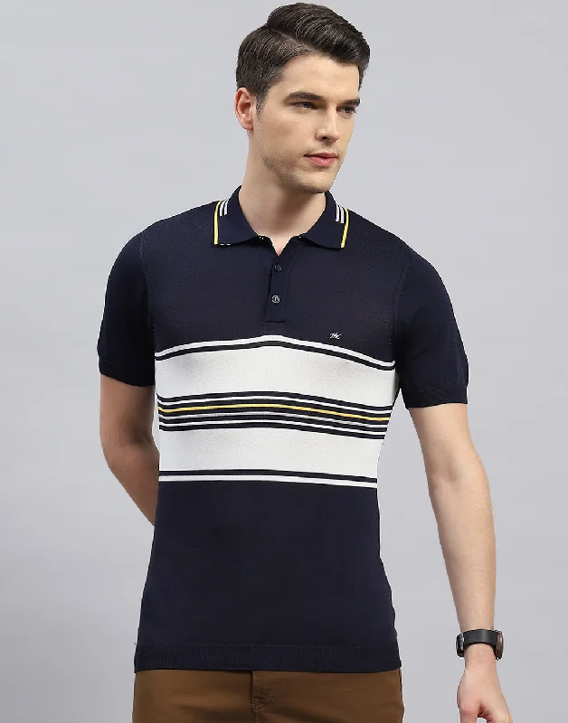 Cozy Aesthetic Men Navy Blue Stripe Polo Collar Half Sleeve T-Shirt