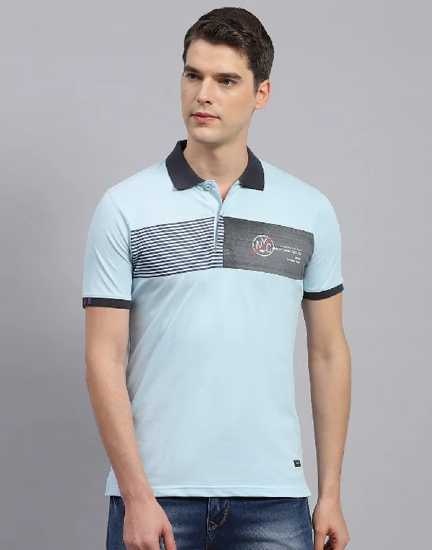 Casual Classic Men Sky Blue Printed Polo Collar Half Sleeve T-Shirt