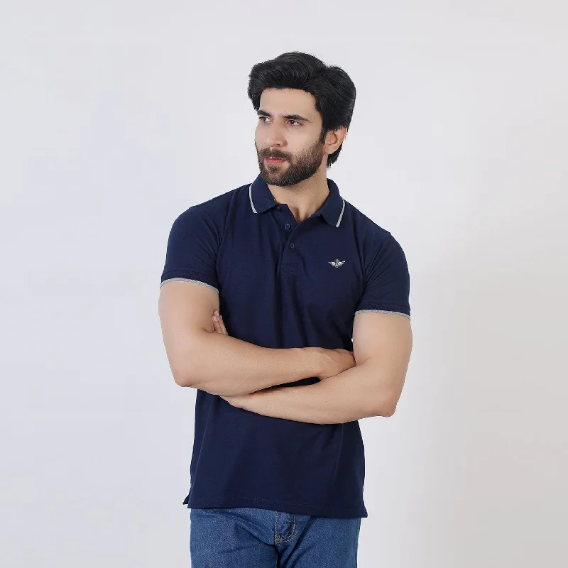 Minimalist Patterns Men's Half Sleeves Polo T-Shirt - Navy Blue