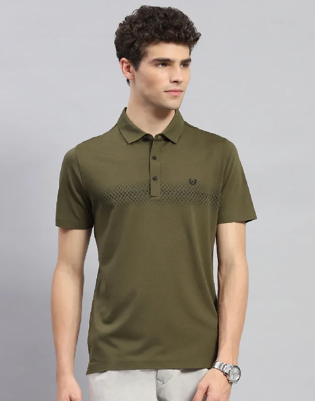 Sleek Casualwear Men Olive Printed Polo Collar Half Sleeve T-Shirt