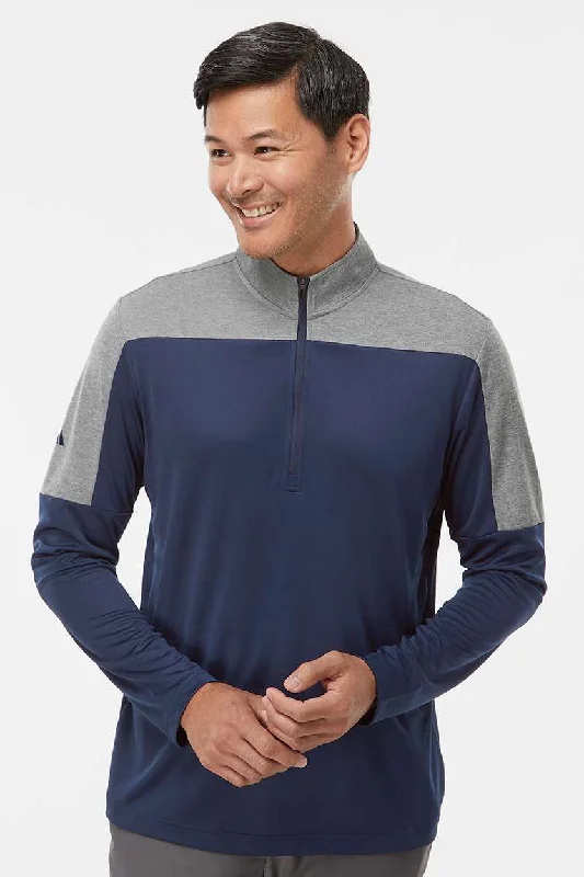 Modern Rugged Adidas Mens Moisture Wicking 1/4 Zip Sweatshirt - Collegiate Navy Blue/Grey Melange