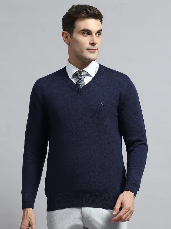 Smart Layering Men Navy Blue Solid V Neck Full Sleeve Pullover