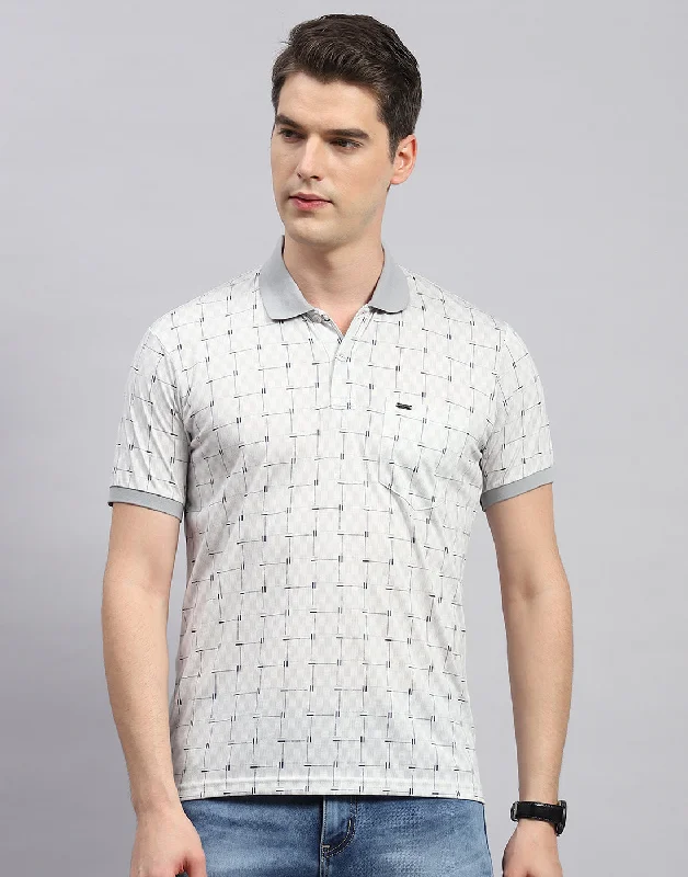 High-End Casual Men Grey Printed Polo Collar Half Sleeve T-Shirt