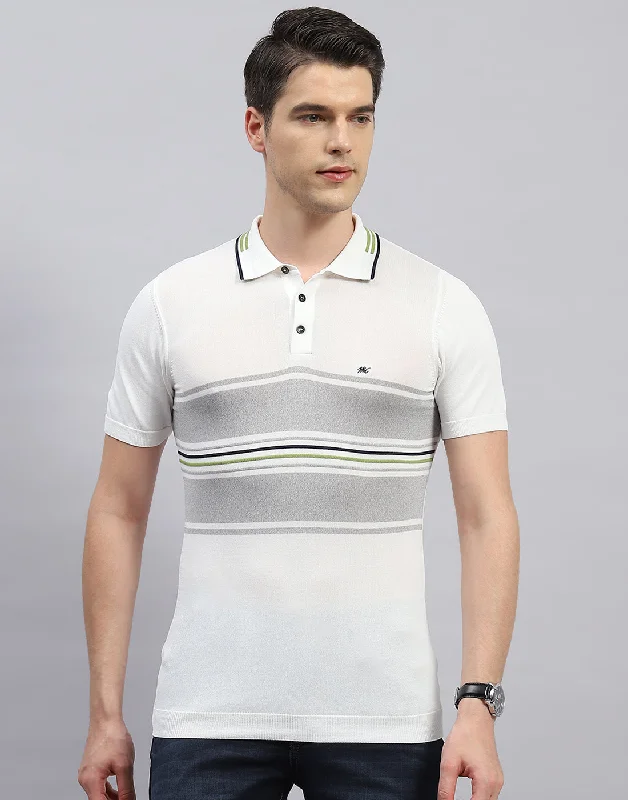 Modern Outerwear Men White Stripe Polo Collar Half Sleeve T-Shirt