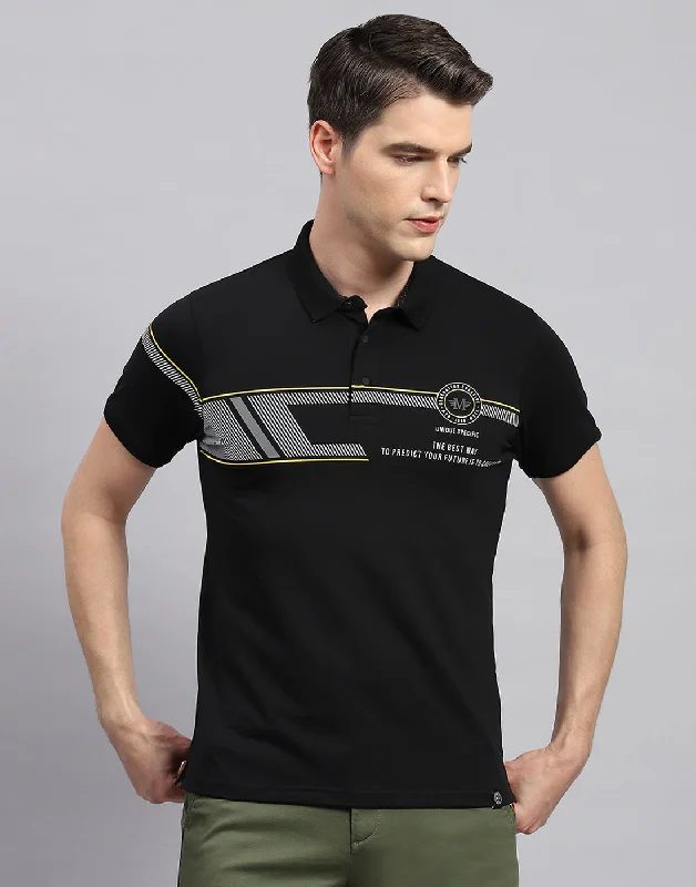 Structured Monochrome Men Black Printed Polo Collar Half Sleeve T-Shirt