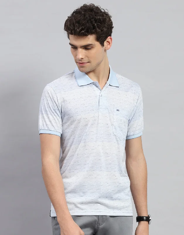 Sporty Modern Men Sky Blue Printed Polo Collar Half Sleeve T-Shirt