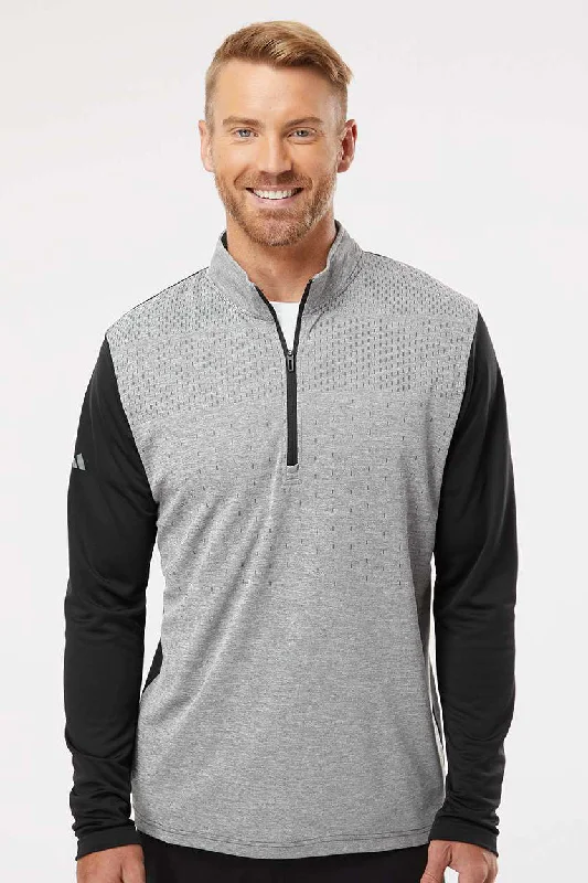 Casual Layers Look Adidas Mens Heather Block Print Moisture Wicking 1/4 Zip Sweatshirt - Black Melange/Black/Grey