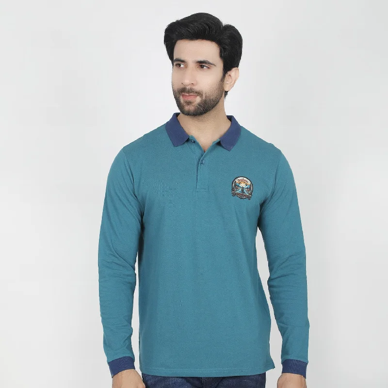 Stylish Monochrome Eminent Men's Full Sleeves Polo T-Shirt - Teal Blue