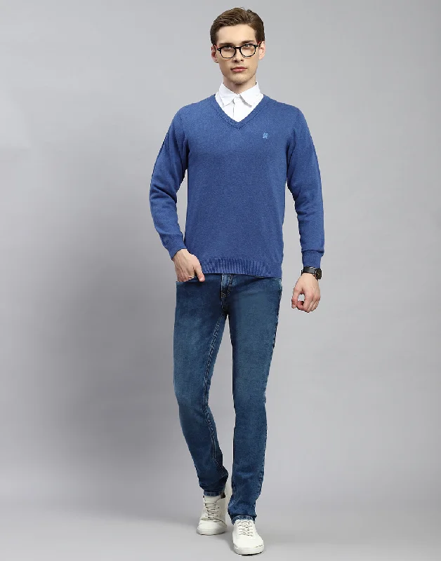 Modern Outdoor Men Blue Solid V Neck Full Sleeve Pullover