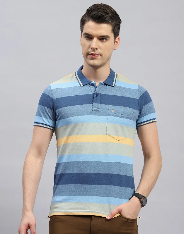 Modern Fitwear Men Light Blue Stripe Polo Collar Half Sleeve T-Shirt