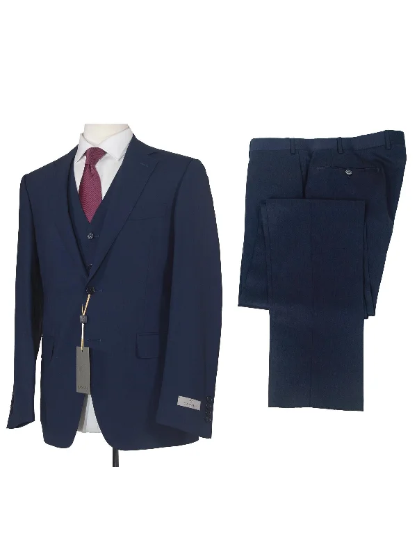 Neutral Streetwear Canali 38R Drop 6 Solid Navy Blue 100% Wool Classic Fit 3 Piece Suit