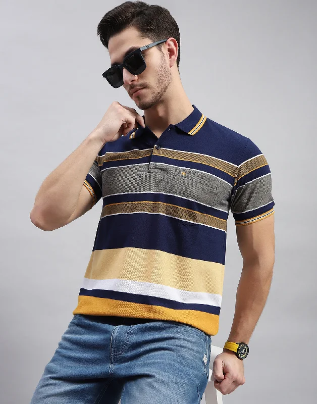 Retro Sportwear Men Navy Blue Stripe Polo Collar Half Sleeve T-Shirt