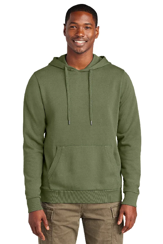 Casual Layers Look District Mens District Wash Fleece Hooded Sweatshirt Hoodie w/ Pouch Pocket - Olive Drab Green