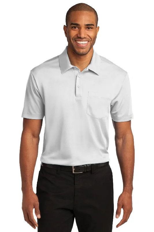 High-End Minimalism Port Authority Mens Silk Touch Performance Moisture Wicking Short Sleeve Polo Shirt w/ Pocket - White - Closeout