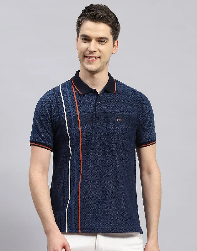 Structured Fit Men Navy Blue Stripe Polo Collar Half Sleeve T-Shirt