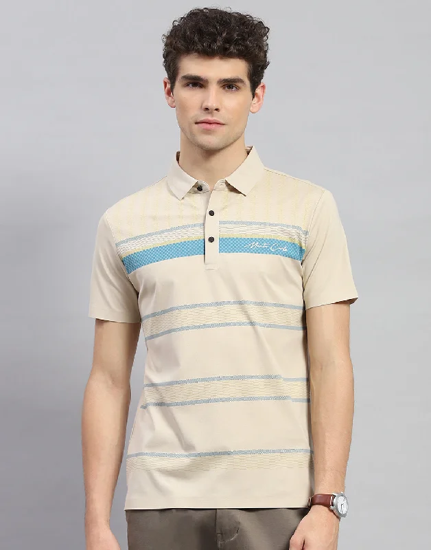 Smart Basics Men Beige Stripe Polo Collar Half Sleeve T-Shirt