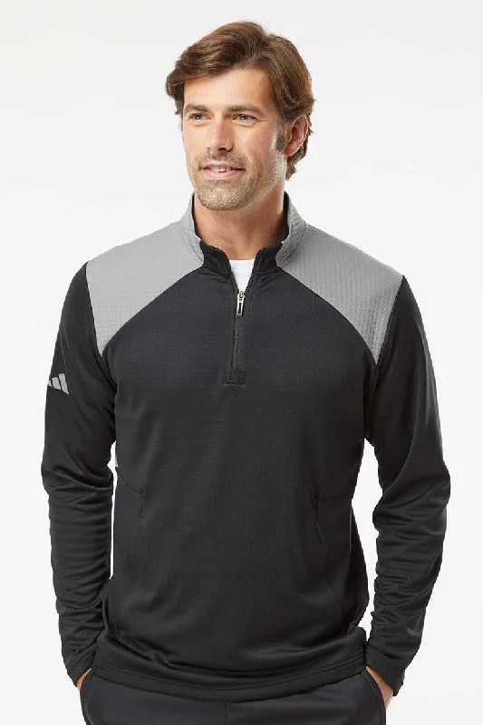 Sleek Neutrals Adidas Mens Textured Mixed Media 1/4 Zip Sweatshirt w/ Pockets - Black/Grey