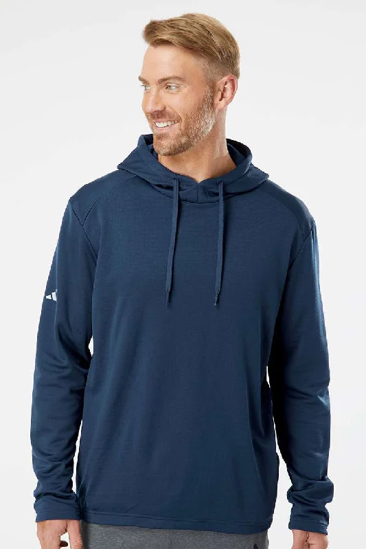 Structured Fit Adidas Mens Textured Mixed Media Hooded Sweatshirt Hoodie - Collegiate Navy Blue