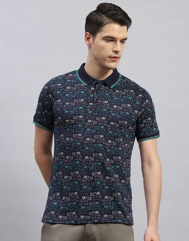 Soft Layers Men Navy Blue Printed Polo Collar Half Sleeve T-Shirt