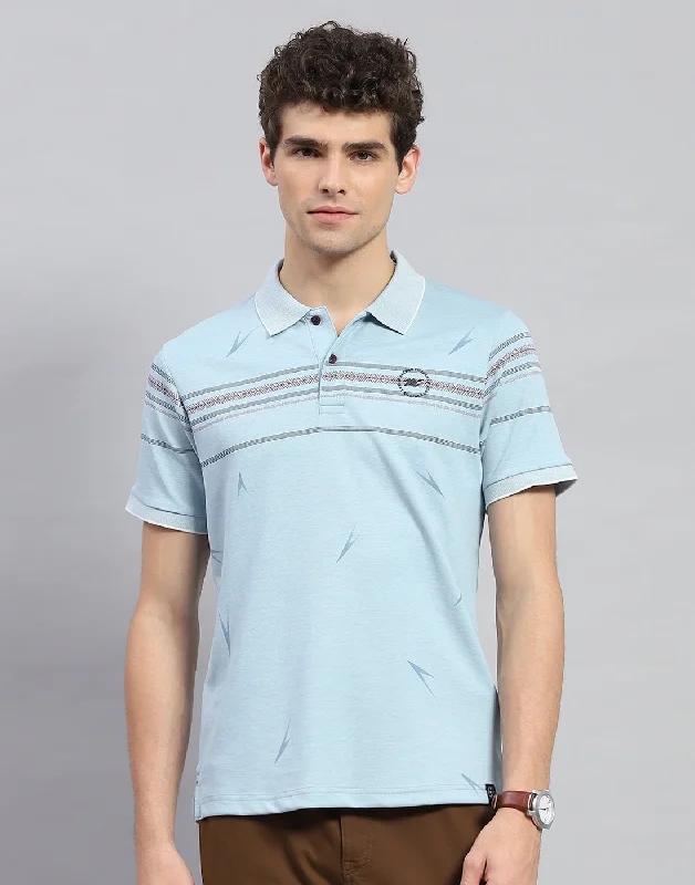 Relaxed Monochrome Look Men Sky Blue Printed Polo Collar Half Sleeve T-Shirt