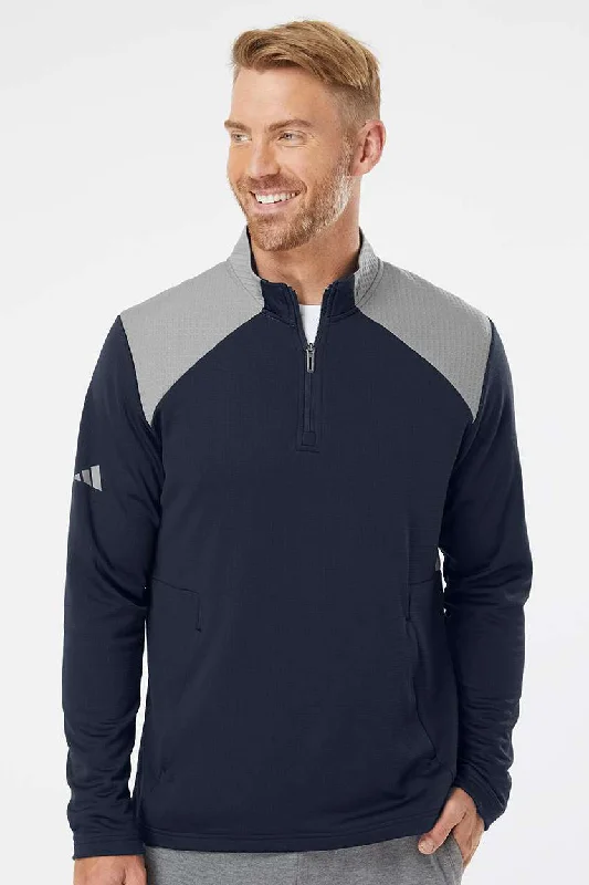 Urban Sportswear Adidas Mens Textured Mixed Media 1/4 Zip Sweatshirt w/ Pockets - Collegiate Navy Blue/Grey