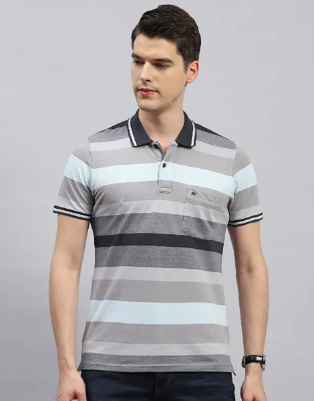 Clean Utility Men Grey Stripe Polo Collar Half Sleeve T-Shirt