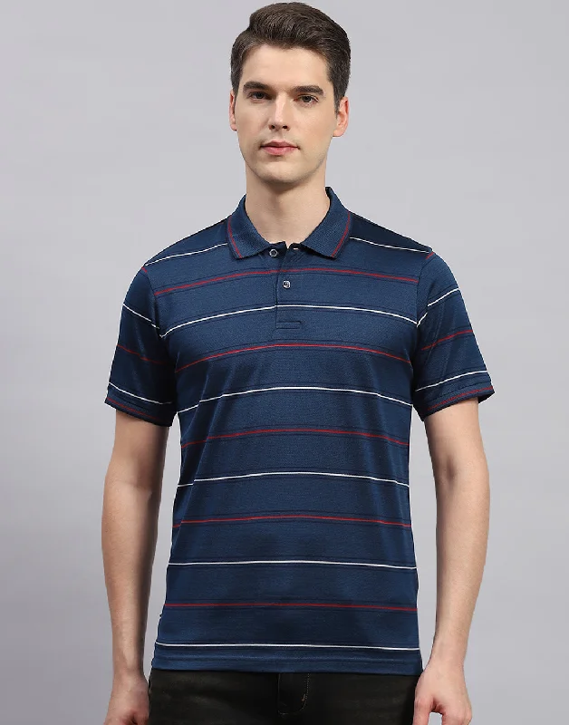 Rugged Fit Men Navy Blue Stripe Polo Collar Half Sleeve T-Shirt