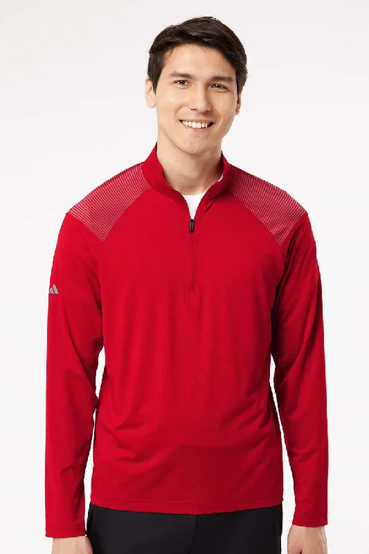 Preppy Sporty Adidas Mens Shoulder Stripe Moisture Wicking 1/4 Zip Sweatshirt - Team Power Red