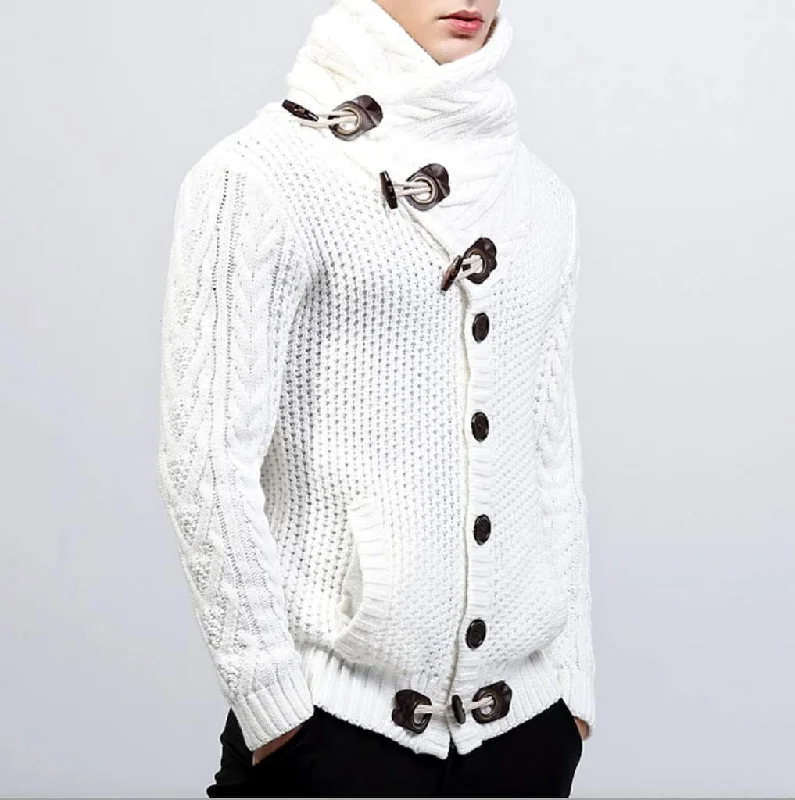 Stylish Monochrome Mens Shawl Collar Horn Button Cardigan