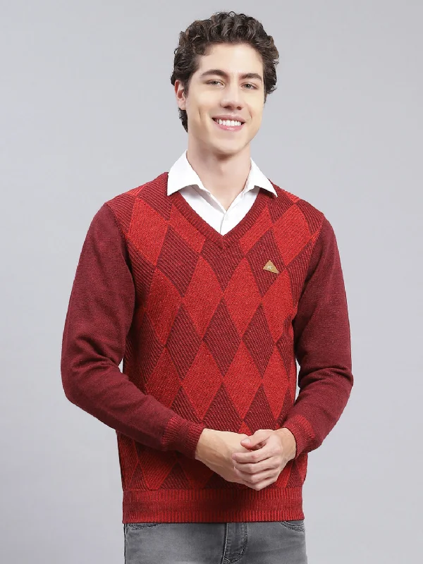 Classic Comfort Men Maroon Printed Pure wool Pullover