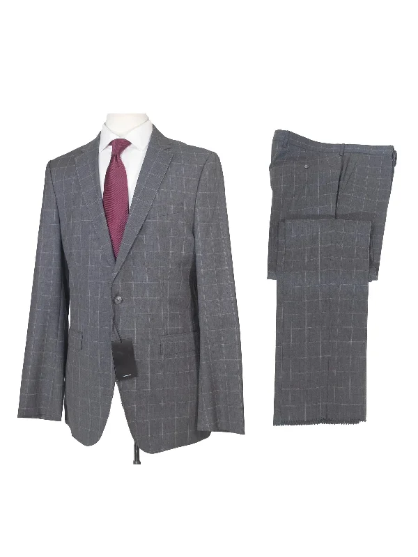 Relaxed Fitwear Hugo Boss Mens 42L Gray Windowpane 100% Wool Slim Fit 2 Piece Suit