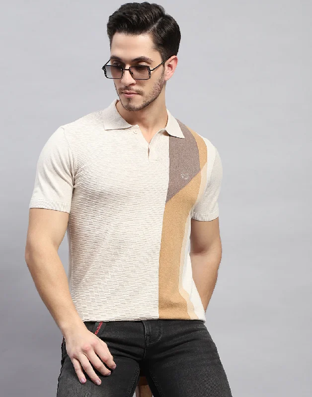 Smart Monochrome Men Beige Stripe Polo Collar Half Sleeve T-Shirt