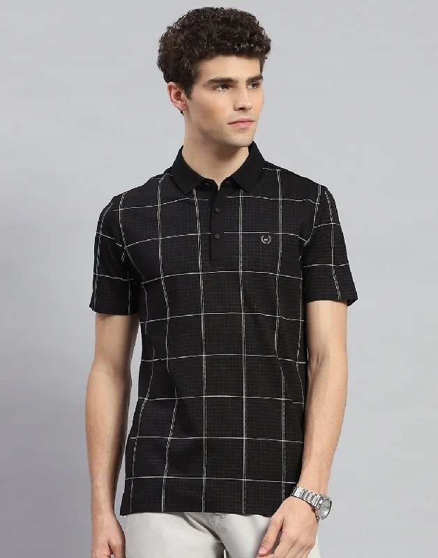 Classic Neutrals Men Black Check Polo Collar Half Sleeve T-Shirt