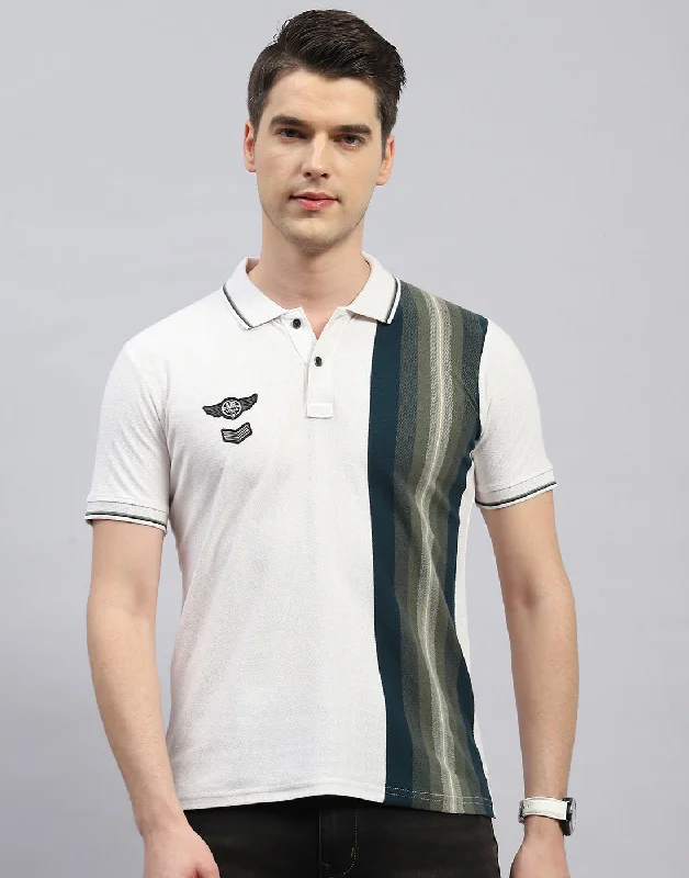 Contemporary Patterns Men Off White Stripe Polo Collar Half Sleeve T-Shirt