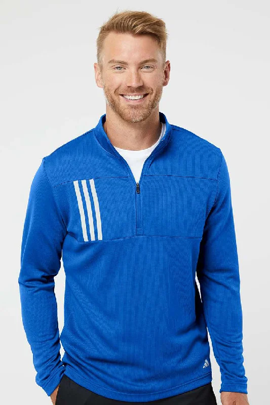 Cozy Streetwear Adidas Mens 3 Stripes Double Knit Moisture Wicking 1/4 Zip Sweatshirt - Team Royal Blue/Grey