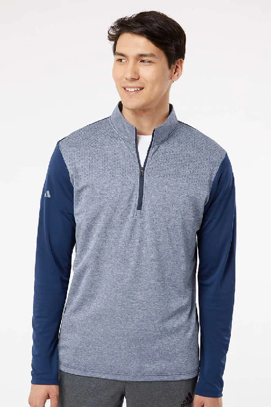 Modern Tailored Adidas Mens Heather Block Print Moisture Wicking 1/4 Zip Sweatshirt - Collegiate Navy Blue Melange/Navy Blue/Grey