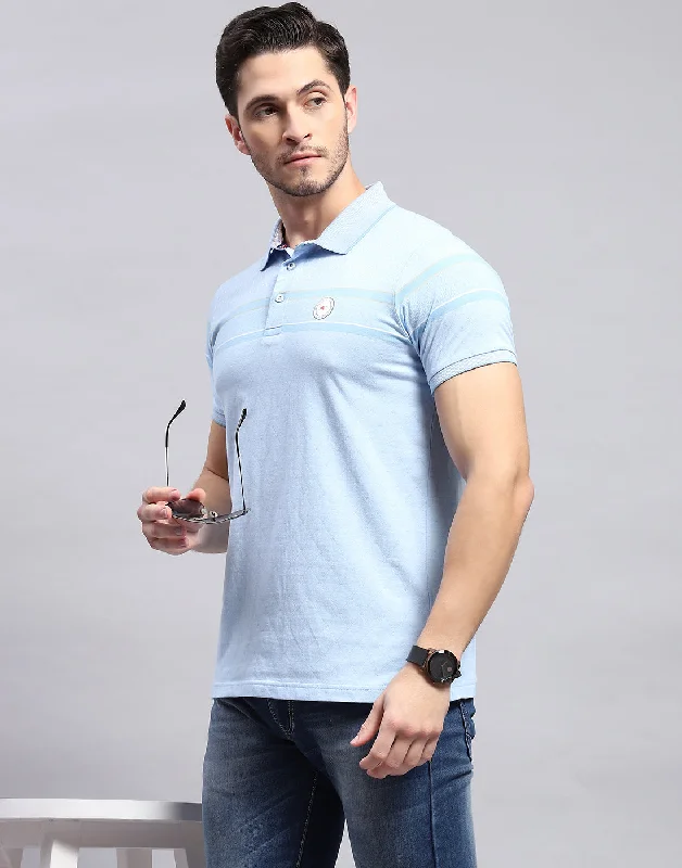 High-End Street Men Sky Blue Stripe Polo Collar Half Sleeve T-Shirt