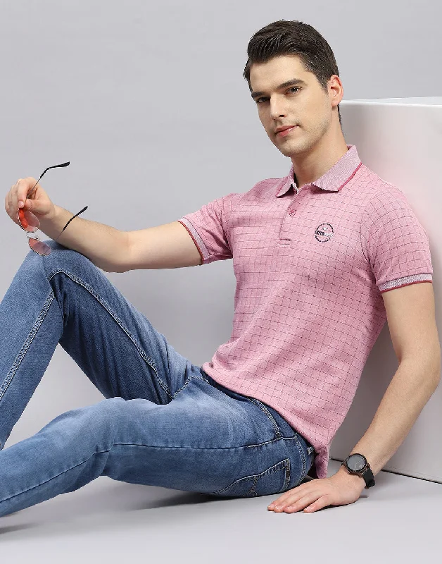 Urban Sporty Men Pink Stripe Polo Collar Half Sleeve T-Shirt