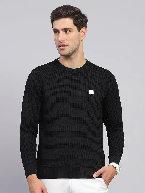 Preppy Sporty Men Black Solid Round Neck Full Sleeve Pullover