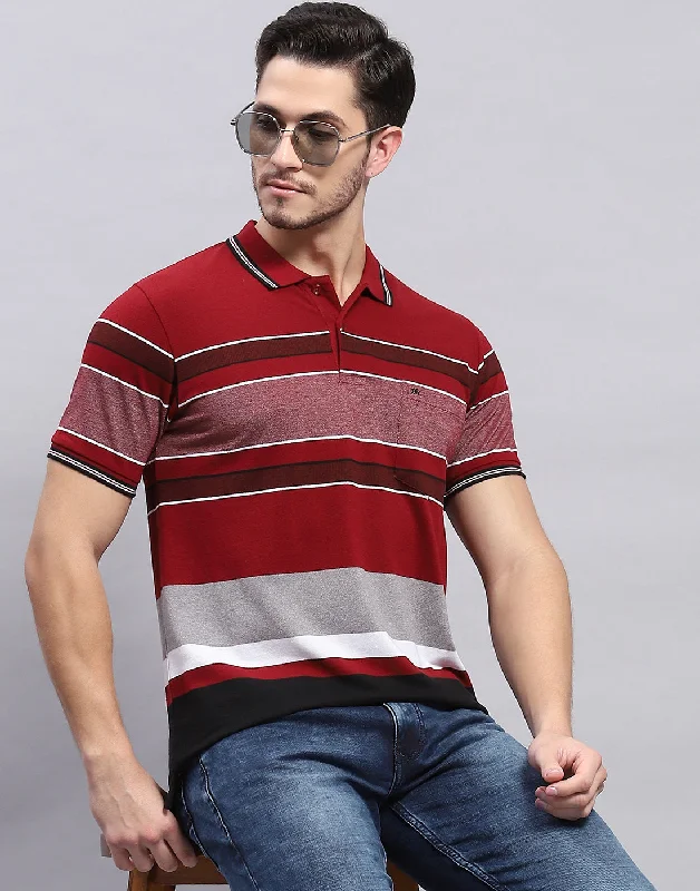 Relaxed Monochrome Look Men Maroon Stripe Polo Collar Half Sleeve T-Shirt