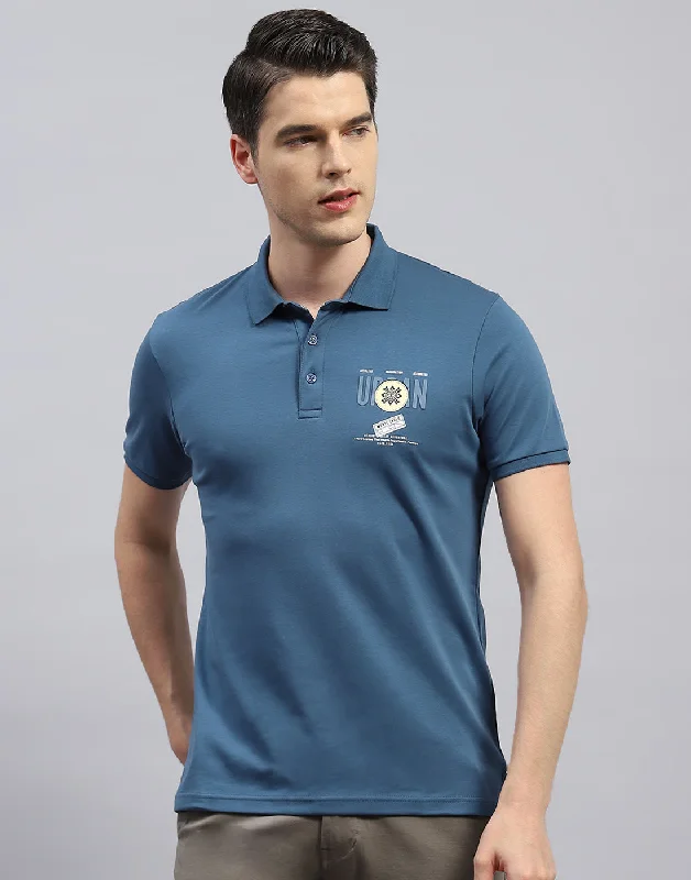 Everyday Utility Men Teal Blue Printed Polo Collar Half Sleeve T-Shirt