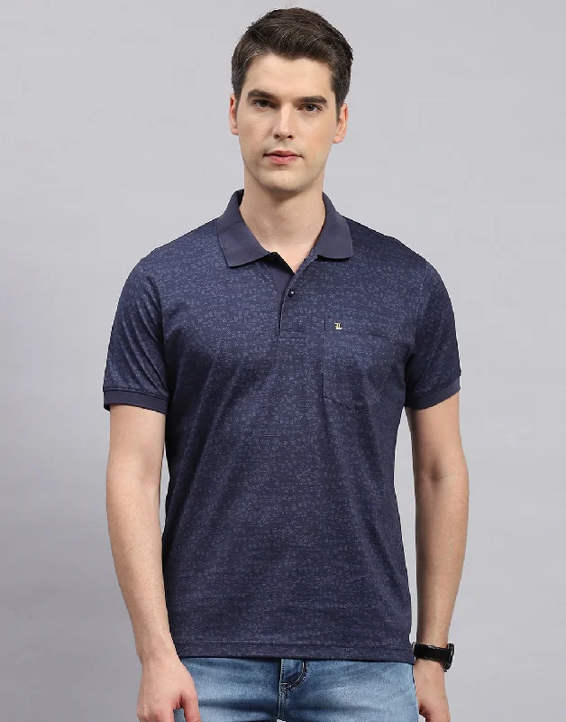 Urban Chic Outfit Men Navy Blue Printed Polo Collar Half Sleeve T-Shirt