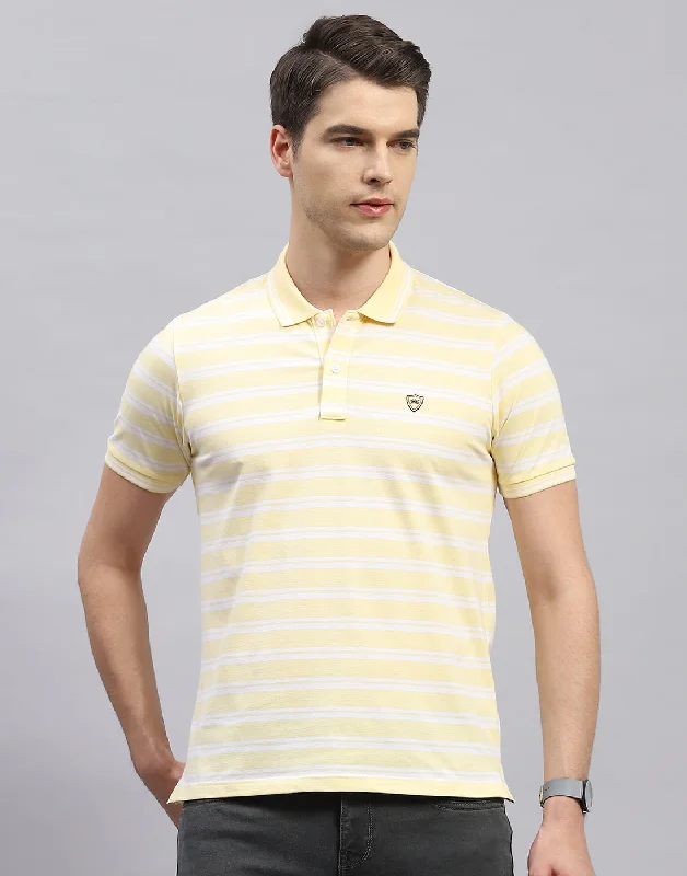 Edgy Streetwear Men Yellow Stripe Polo Collar Half Sleeve T-Shirt